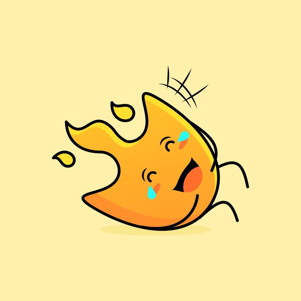 cute fire cartoon with happy expression. lie down, close eyes and tears. suitable for logos, icons, symbols or mascots vector