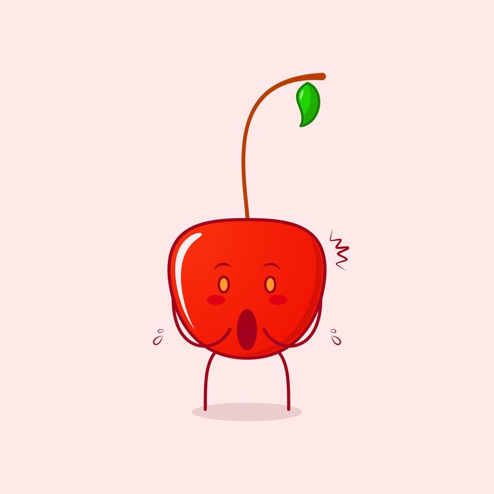 cute cherry cartoon character with impressed expression and mouth open. green and red. suitable for emoticon, logo, mascot and icon vector