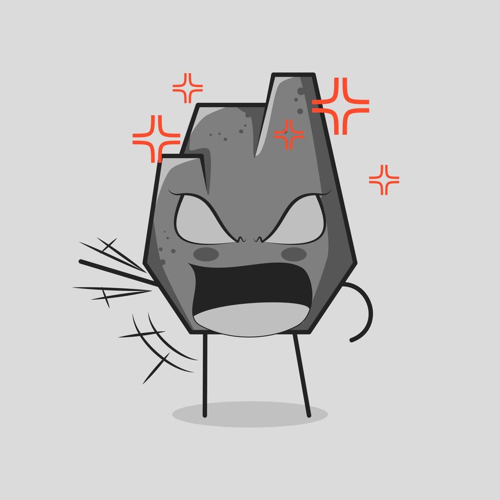 cute stone cartoon with very angry expression.mouth open, hand shaking and eyes bulging. grey. suitable for logos, icons, symbols or mascots vector