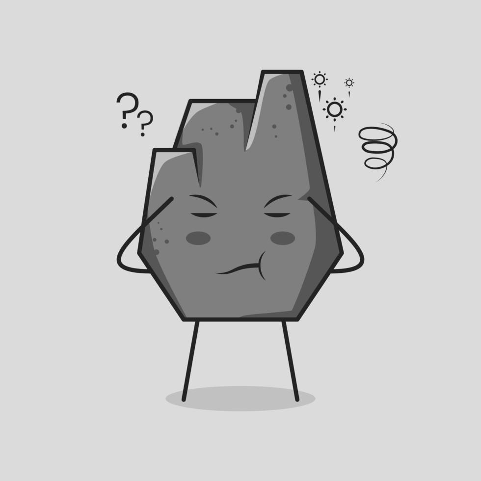 cute stone cartoon with thinking expression, close eyes and two hands on head. grey. suitable for emoticon, logo, mascot and symbol vector