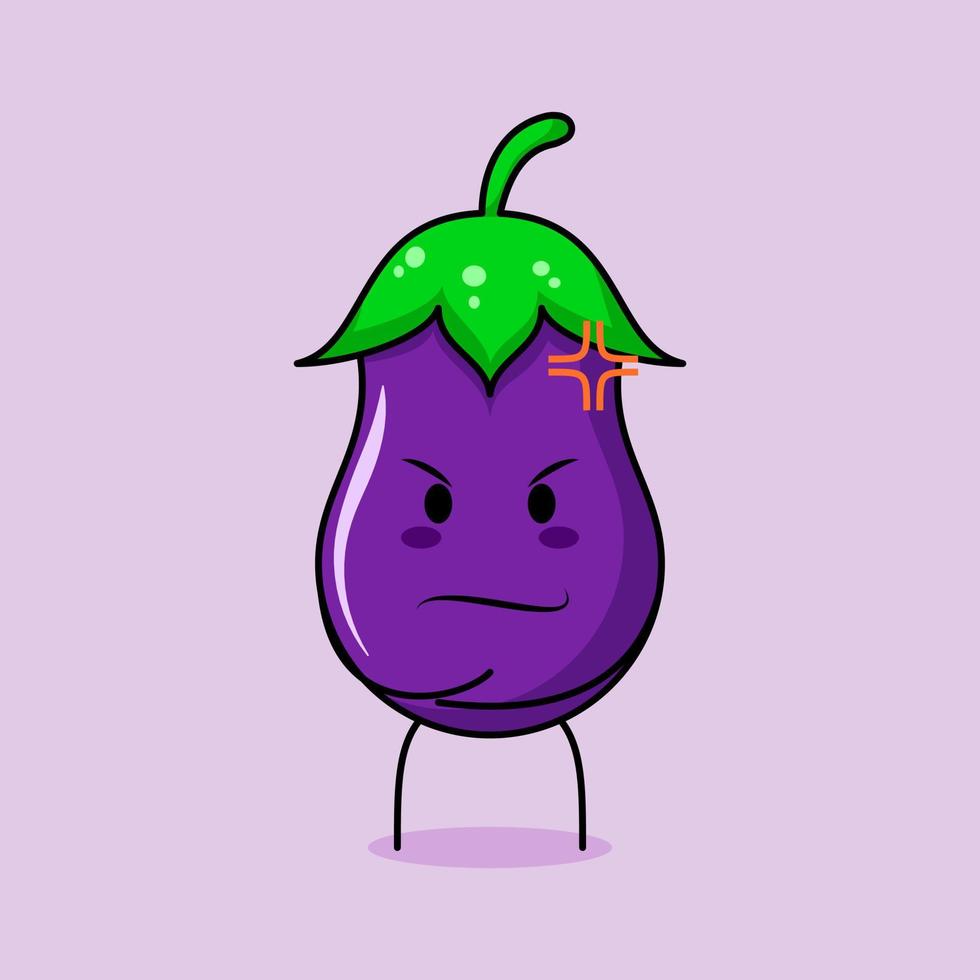 lindo personaje de berenjena con expresión enojada. verde y morado. adecuado para emoticonos, logo, mascota. una mano en la barbilla vector