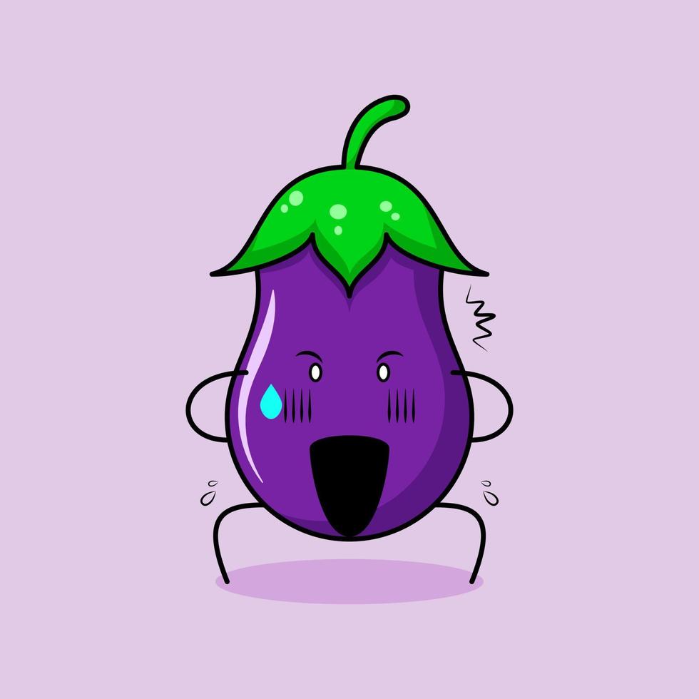 cute eggplant character with shocked expression, two hands on head and mouth open. green and purple. suitable for emoticon, logo, mascot or sticker vector