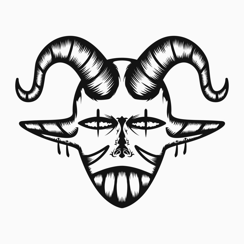 scary devil head illustration with horns, fangs and line art style. black and white. suitable for logo, mascot, symbol, coloring and t-shirt design vector