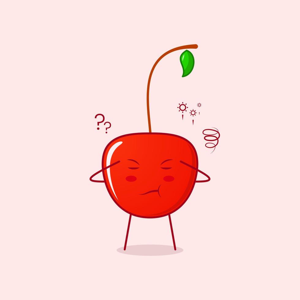 lindo personaje de dibujos animados de cereza con expresión de pensamiento, ojos cerrados y dos manos en la cabeza. rojo y verde. adecuado para emoticonos, logotipos, mascotas y símbolos vector