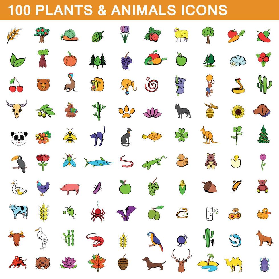 100 plantas y animales, conjunto de iconos de estilo de dibujos animados vector