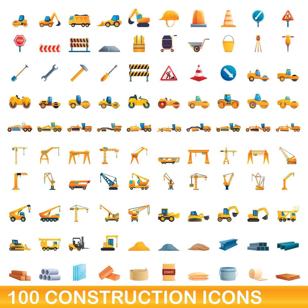 100 iconos de construcción, estilo de dibujos animados vector