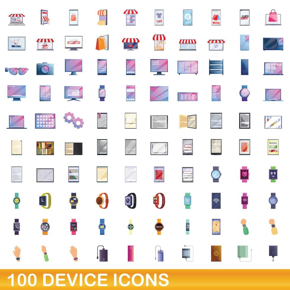 100 iconos de dispositivo, estilo de dibujos animados vector