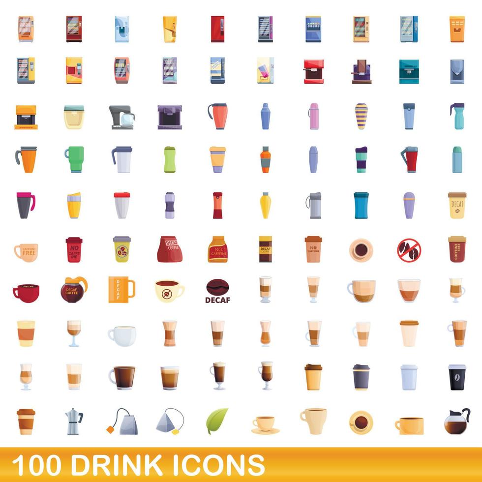 100 drink icons set, cartoon style vector