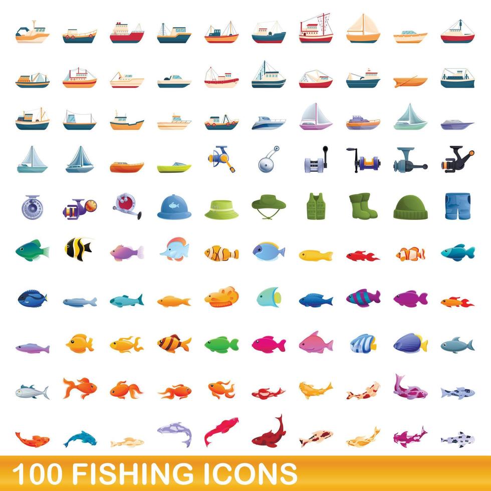 100 fishing icons set, cartoon style vector