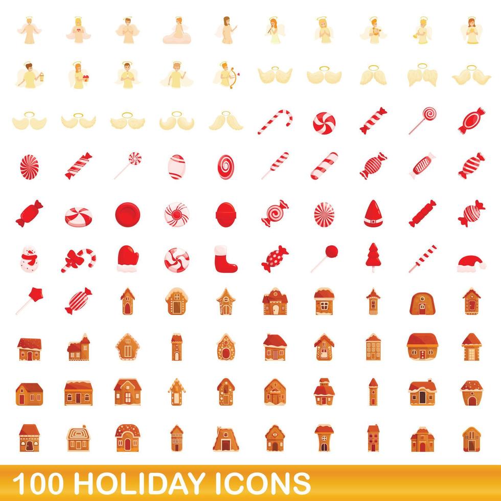 100 holiday icons set, cartoon style vector