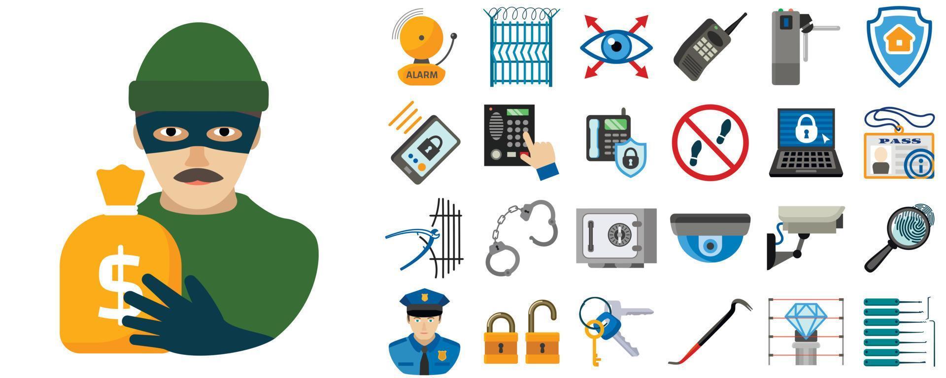 Burglar icons set, flat style vector