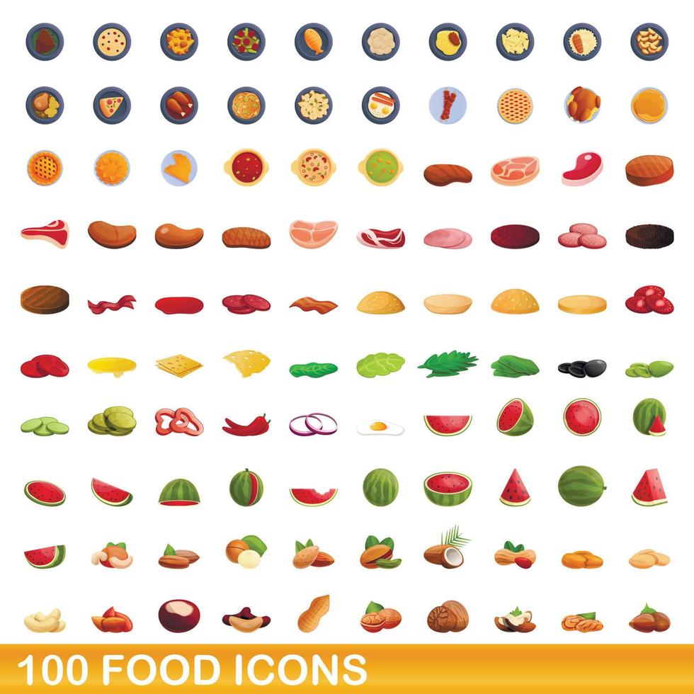 100 food icons set, cartoon style vector