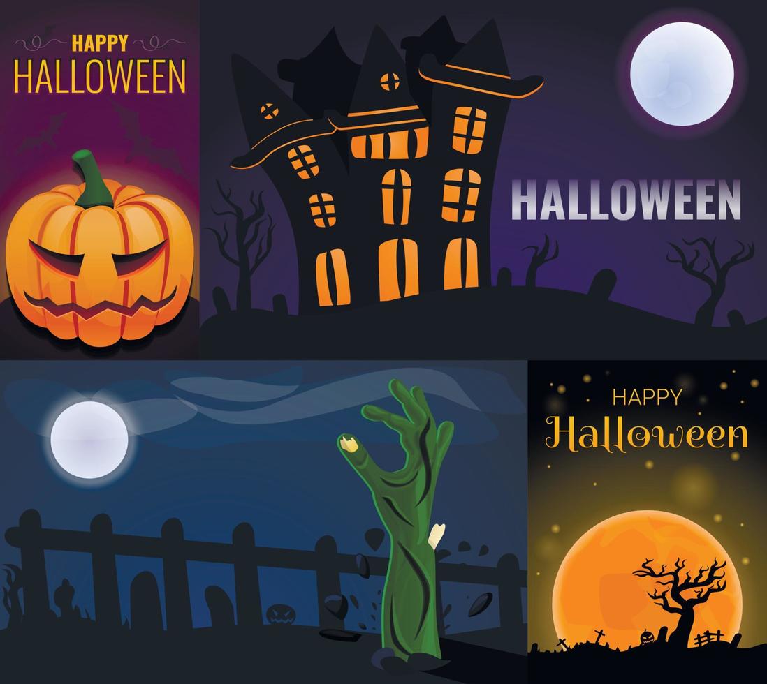 conjunto de banners de halloween feliz, estilo de dibujos animados vector