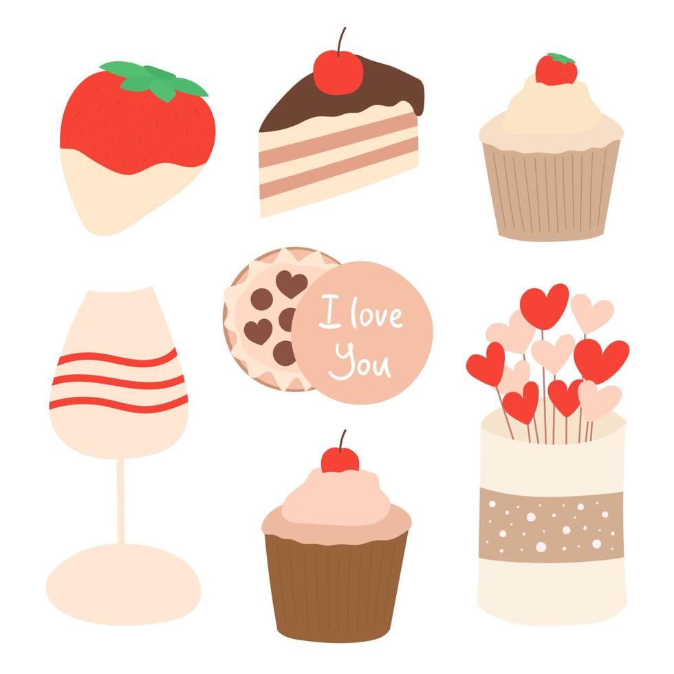 lindos dulces de San Valentín. piruleta de corazón, pastel de cereza. conjunto de ilustración de vector de dibujos animados de caramelo. colección de postres y dulces románticos rosas - cupcakes, dulces.