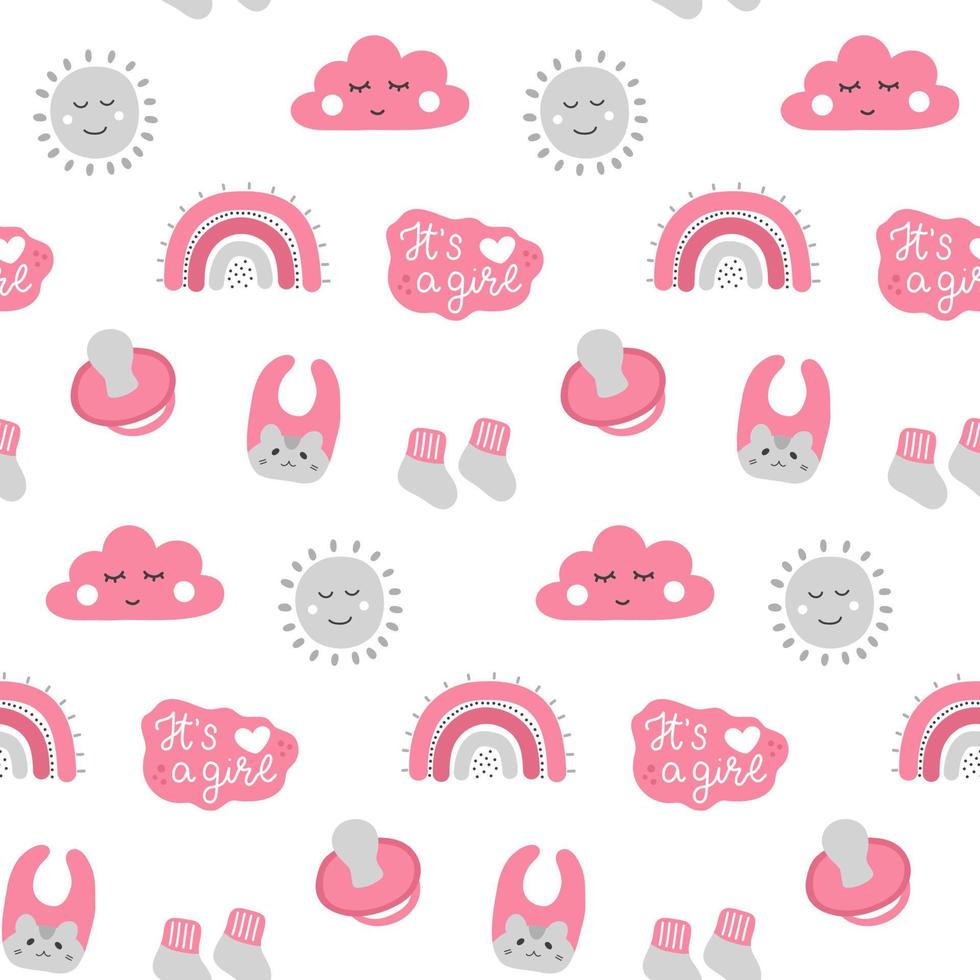 Cute pink newborn girl seamless pattern for baby shower and gender party in hand drawn style. Childbirth design for poster, invitation, scrapbook. vector