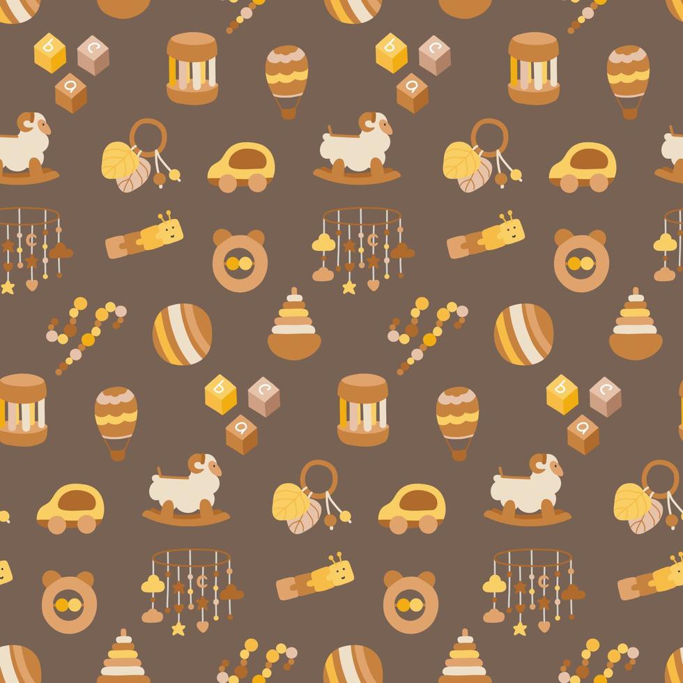 Cute seamless pattern of educational toys for newborns and toddlers in hand drawn style. Childbirth design for poster, invitation, scrapbook. vector
