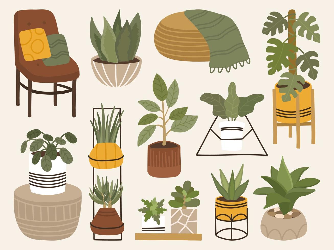 conjunto de plantas en maceta boho escandinavas de moda para el hogar. acogedor jardín casero amueblado en estilo hygge. diferentes plantas de interior aisladas sobre fondo blanco. vector