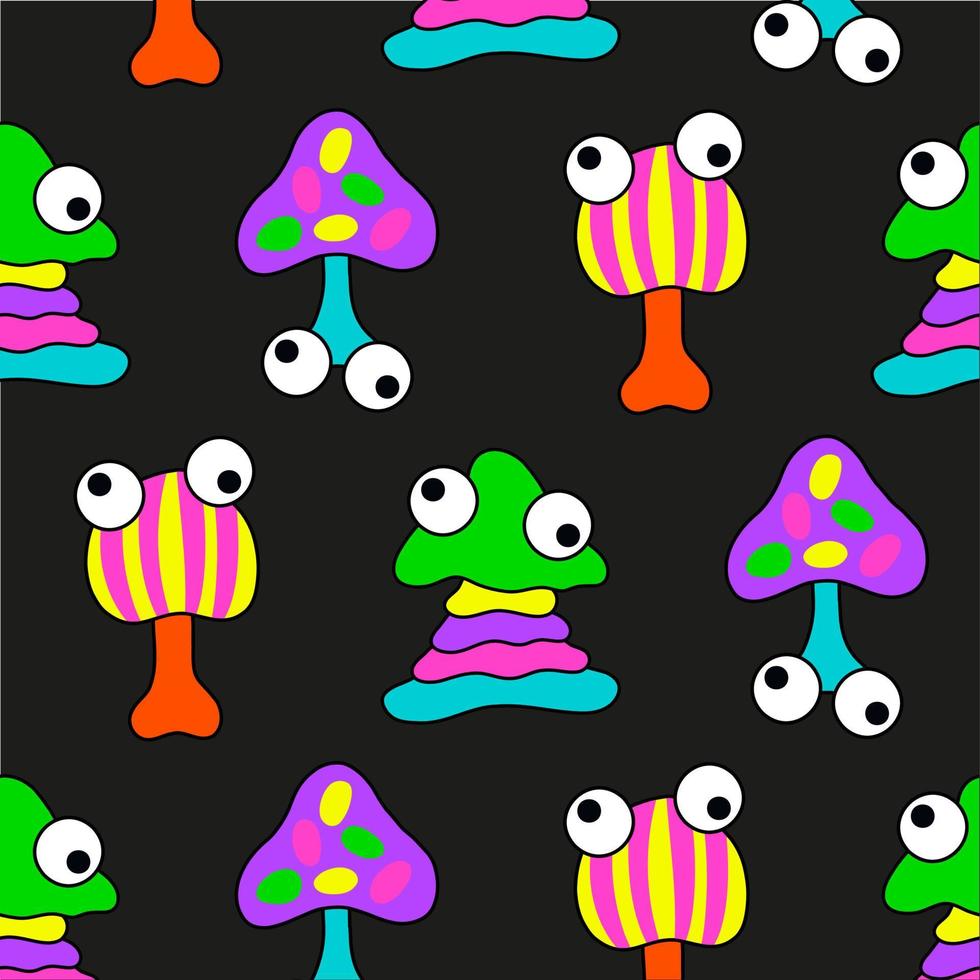 Psychedelic trippy acid rave pattern. Trendy abstract mushroom in cartoon style. Seamless 60s, 70s, hippie background for textiles, postcards, posters, invitations, design. vector
