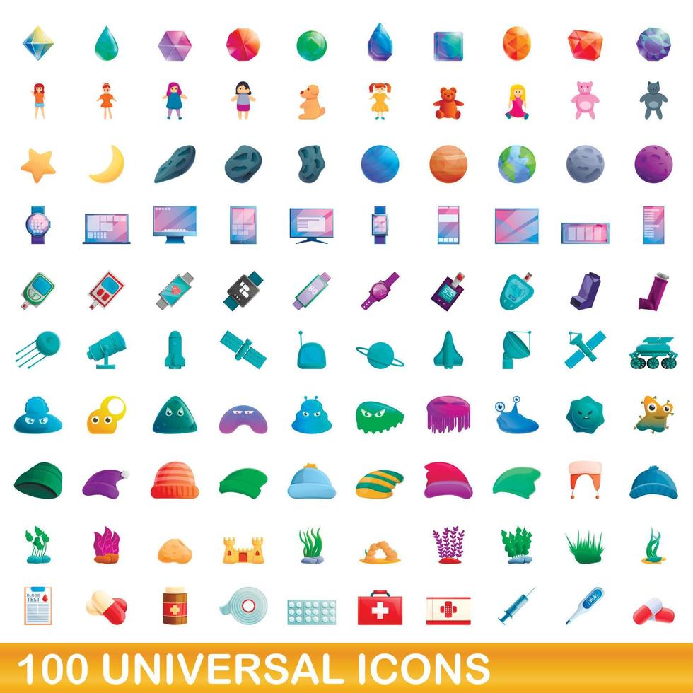 100 universal icons set, cartoon style vector