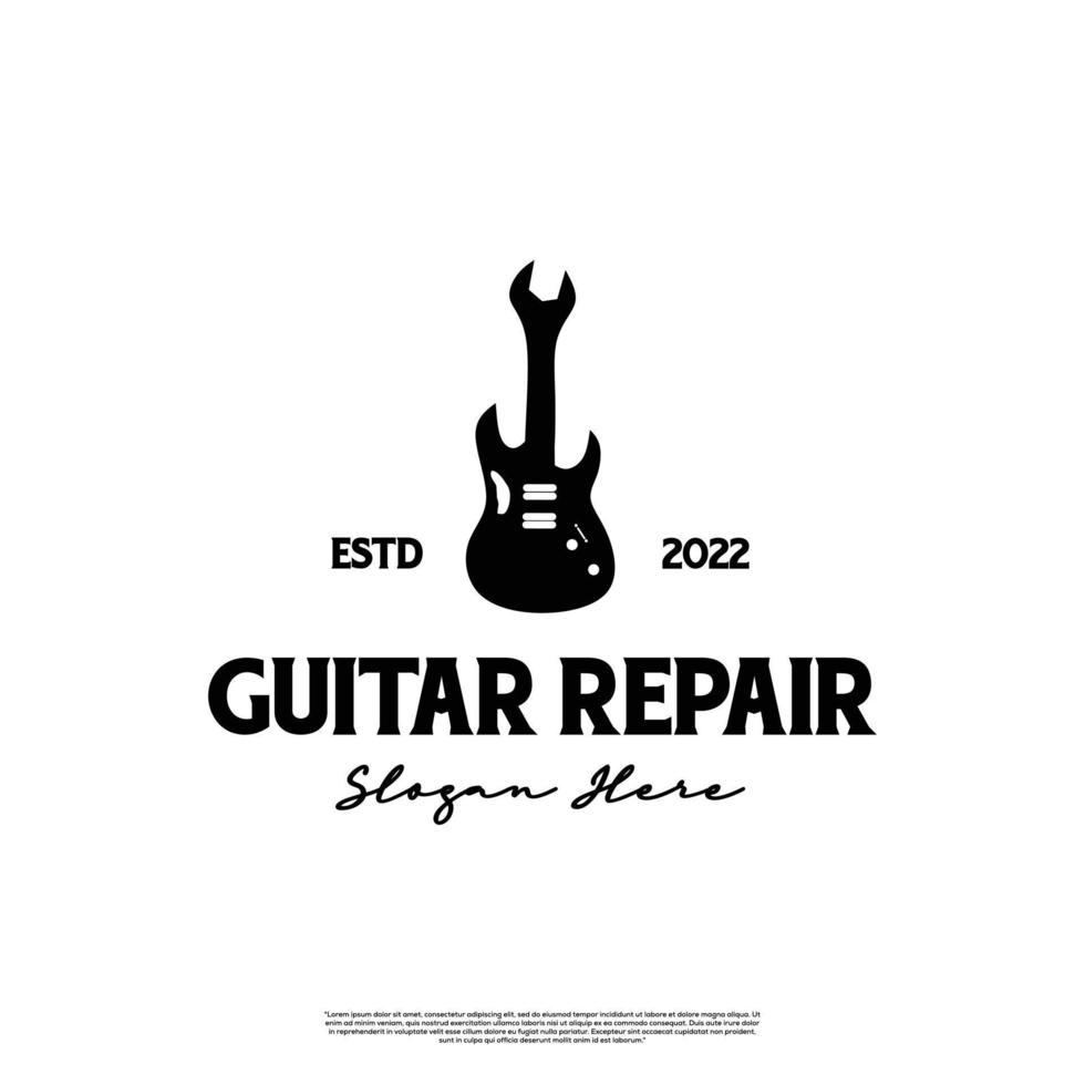 Guitar repair logo design retro hipster vintage, label symbol badge, guitar with wrench concept template vector