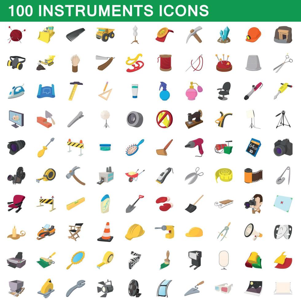 100 instruments icons set, cartoon style vector