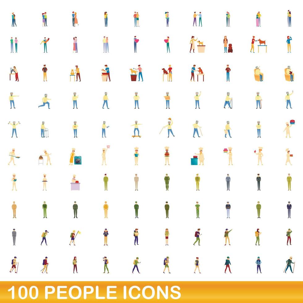 100 people icons set, cartoon style vector
