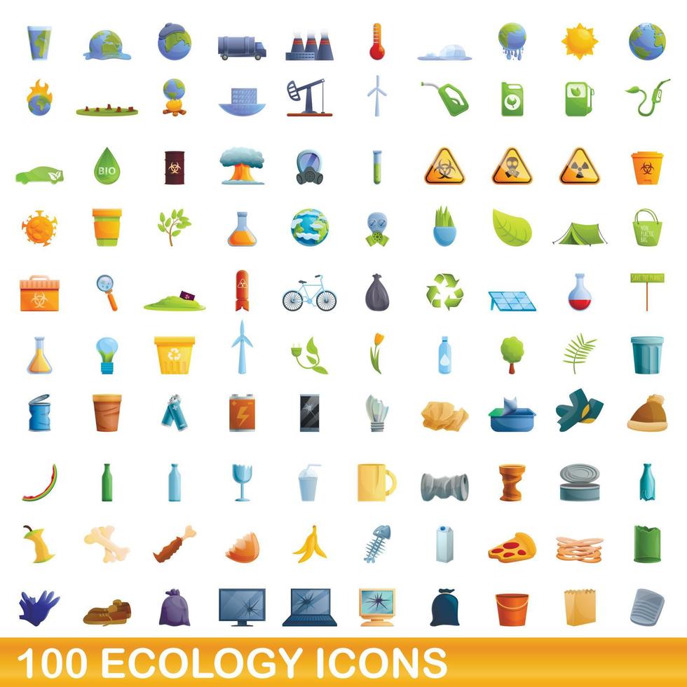 100 iconos de ecología, estilo de dibujos animados vector