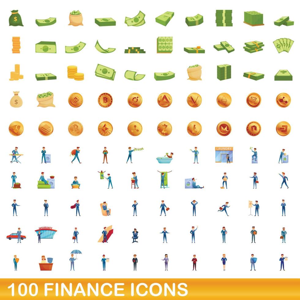 100 finance icons set, cartoon style vector