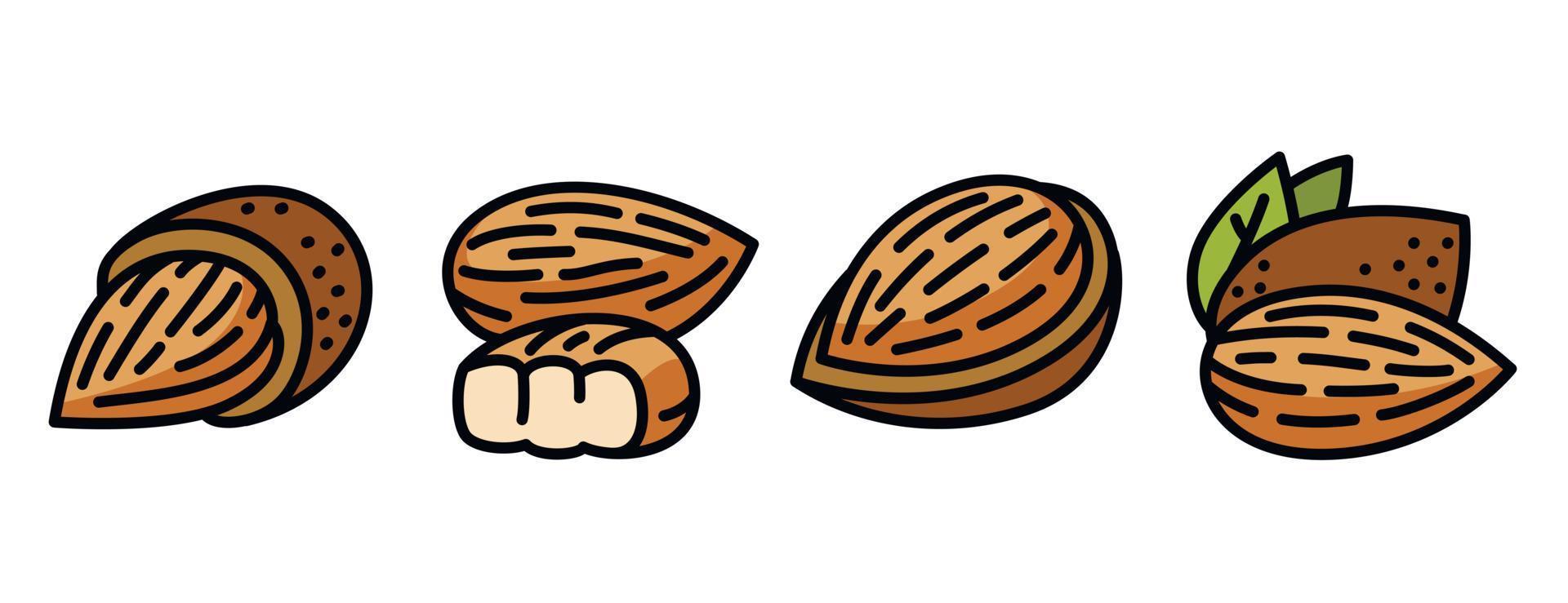 Almond icons set, outline style vector