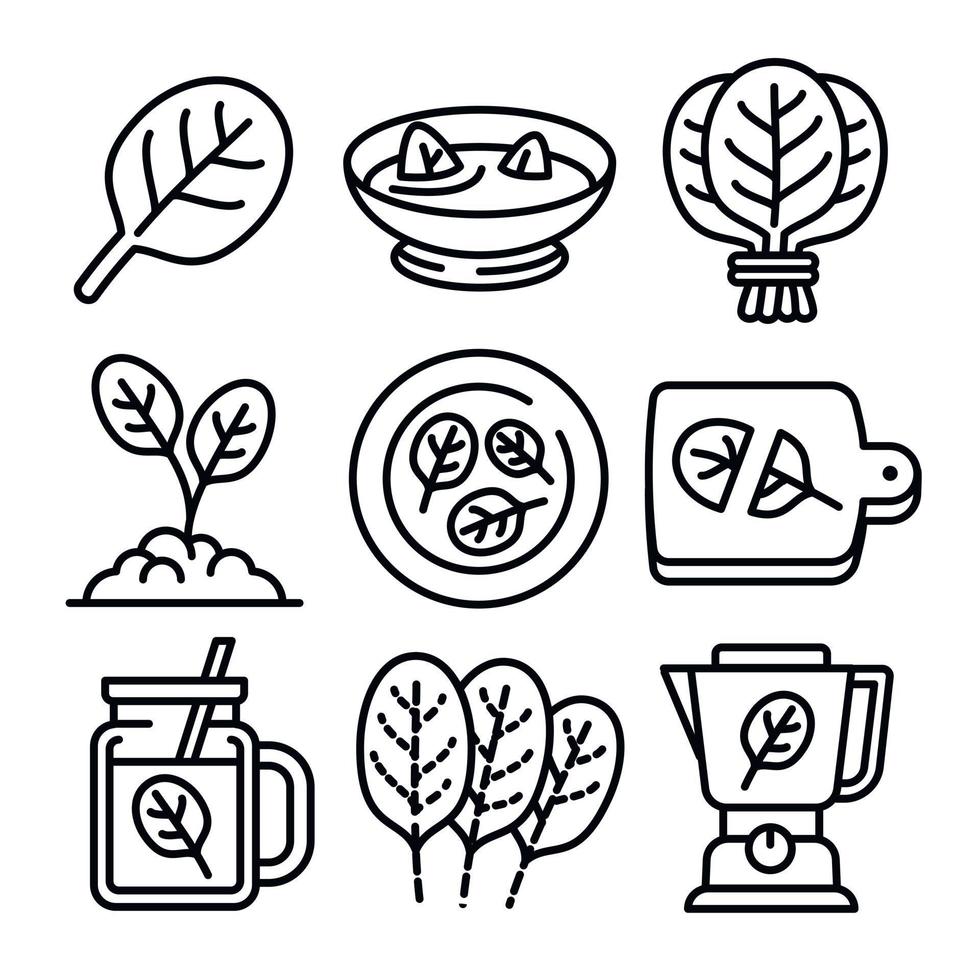 Spinach icons set, outline style vector