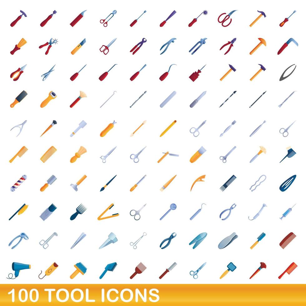 100 tool icons set, cartoon style vector