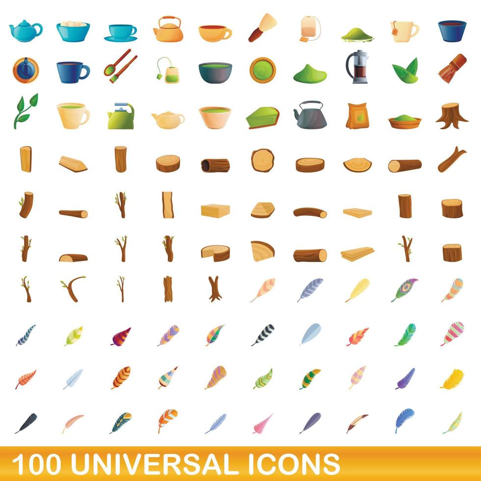 100 universal icons set, cartoon style vector
