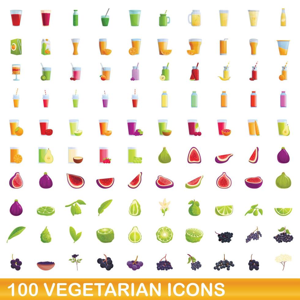 100 vegetarian icons set, cartoon style vector