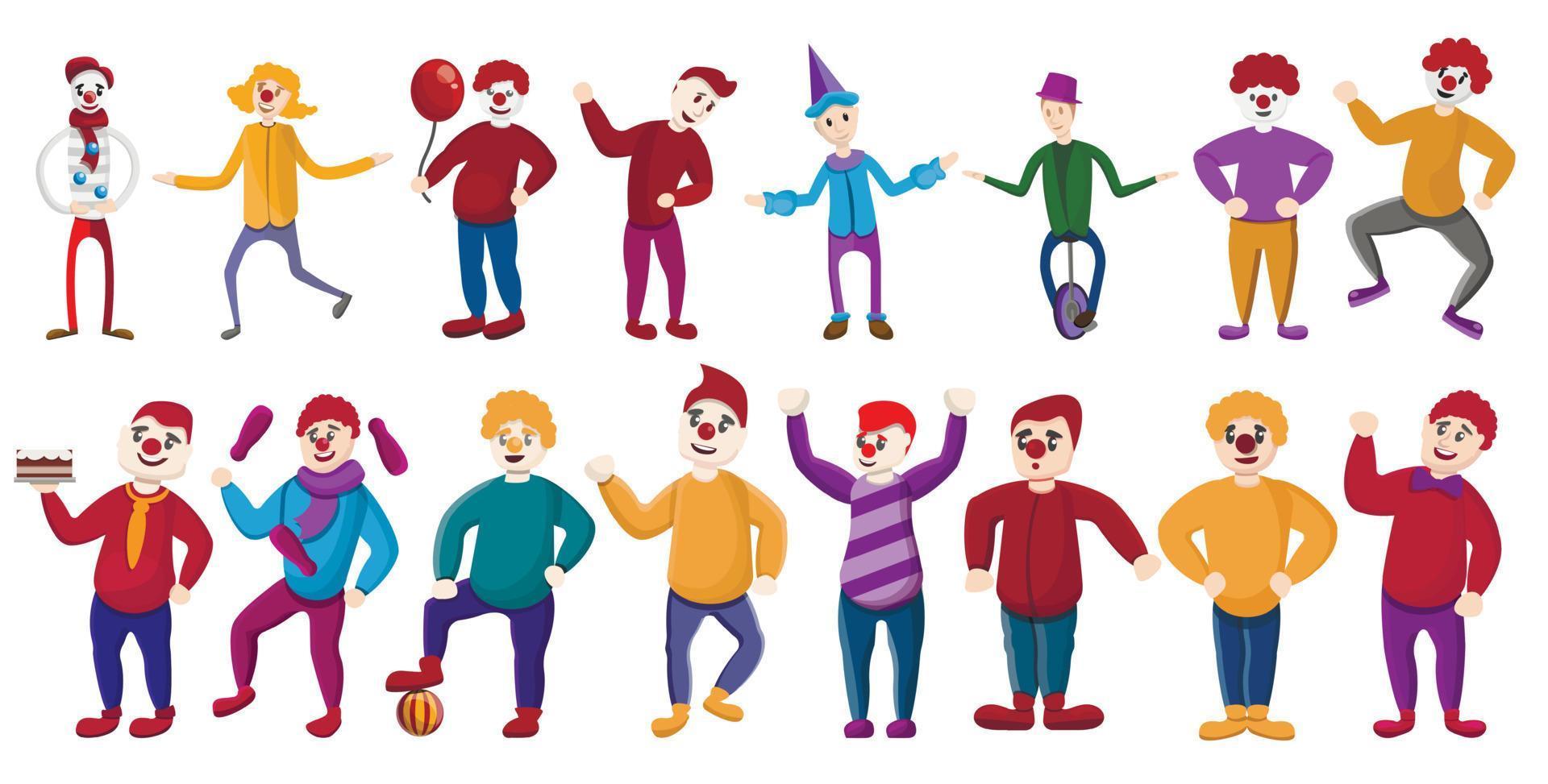 Clown icons set, cartoon style vector