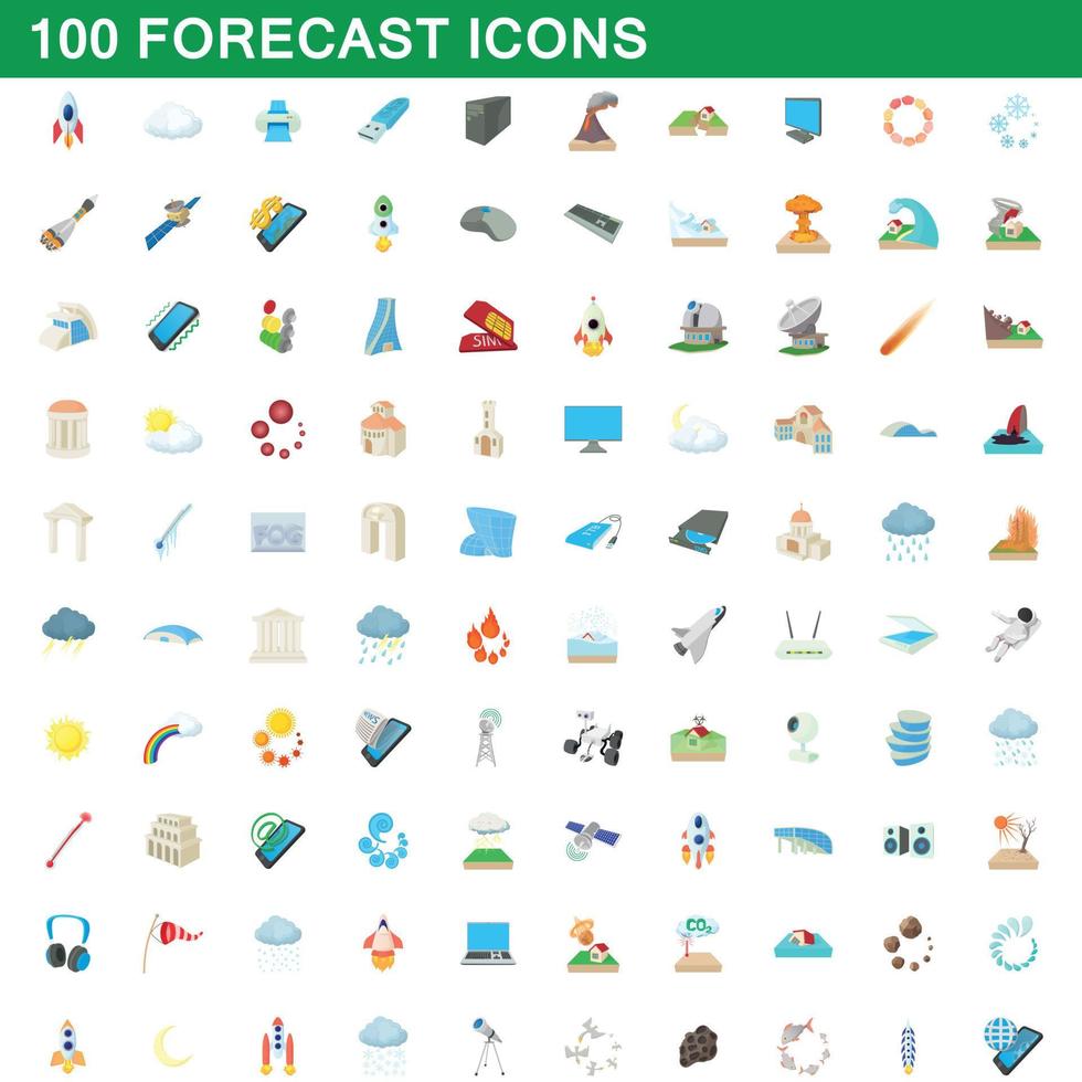 100 pronóstico conjunto de iconos, estilo de dibujos animados vector