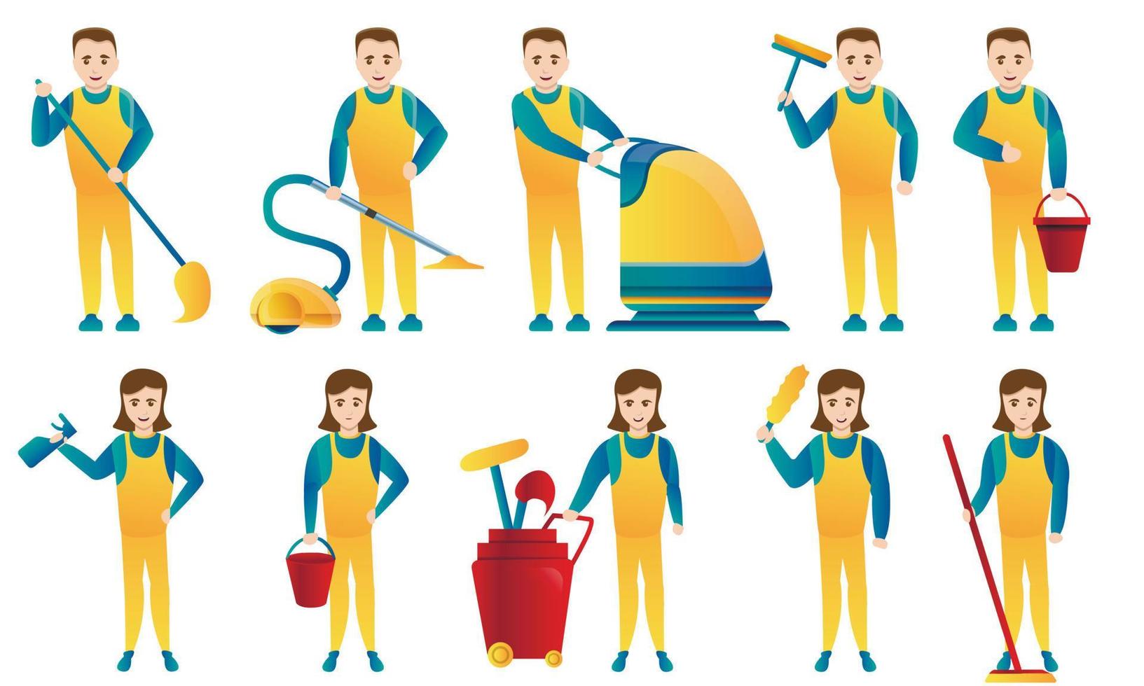 Cleaner equipment icons set, cartoon style vector