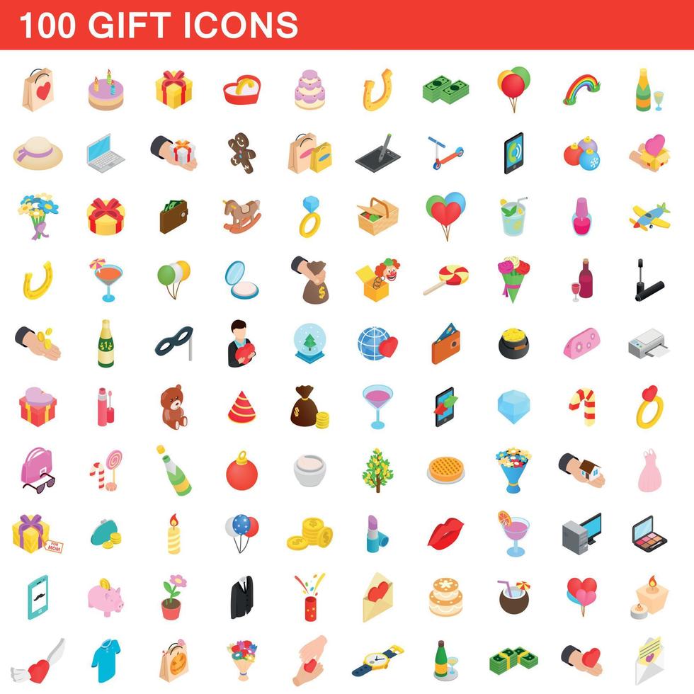 100 gift icons set, isometric 3d style vector