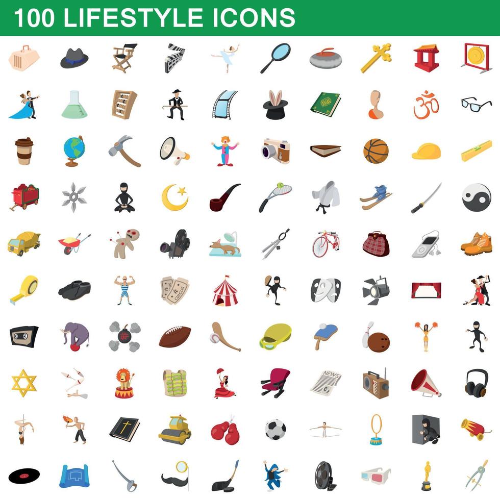 100 lifestyle icons set, cartoon style vector