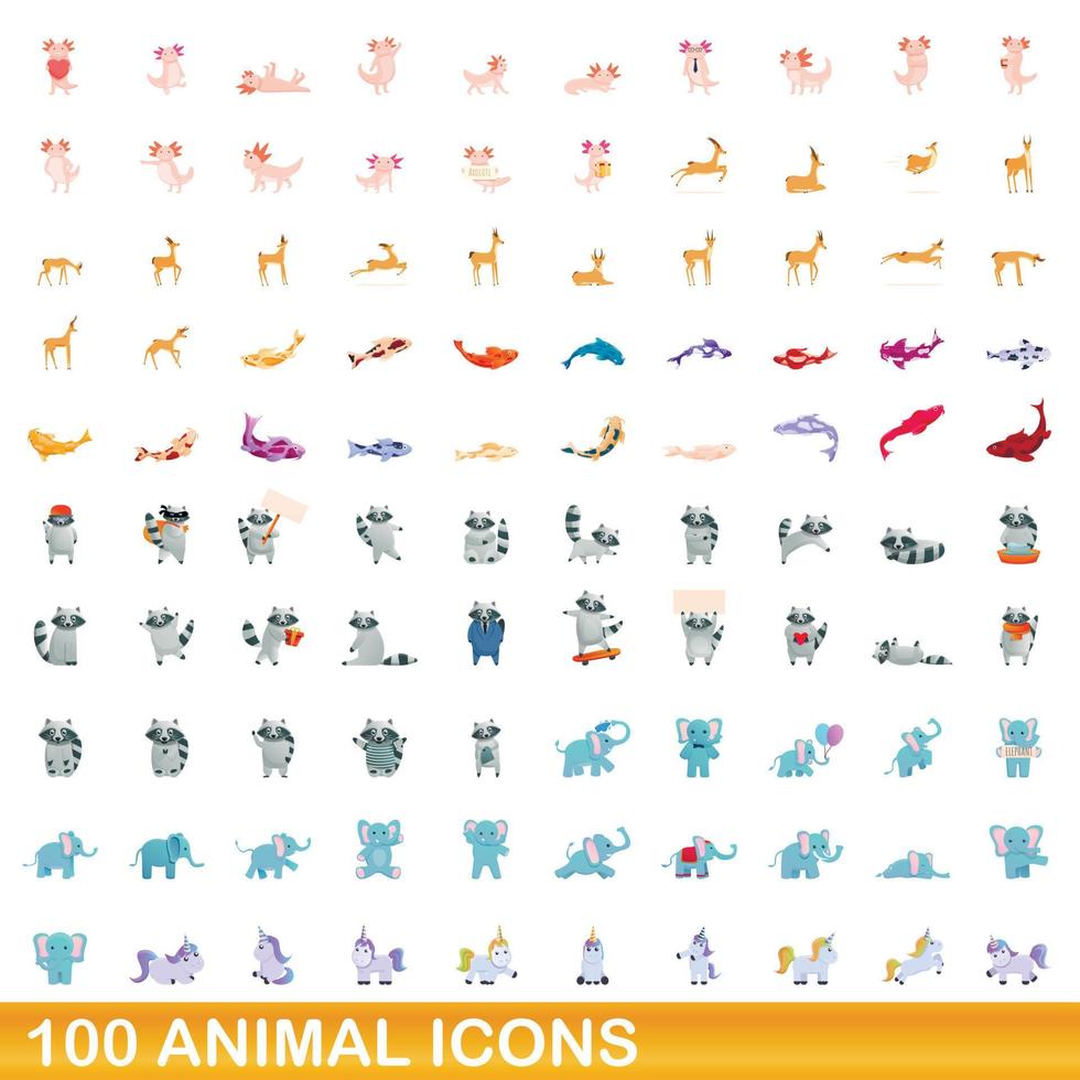 100 animales, conjunto de iconos de estilo de dibujos animados vector