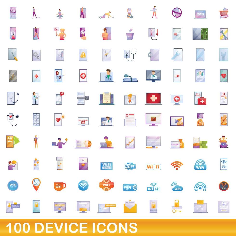 100 device icons set, cartoon style vector