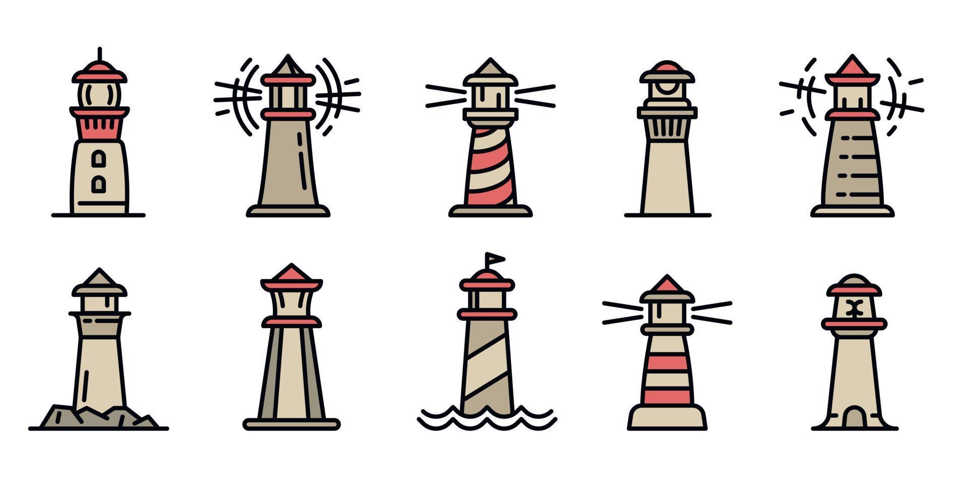 Lighthouse icons set, outline style vector