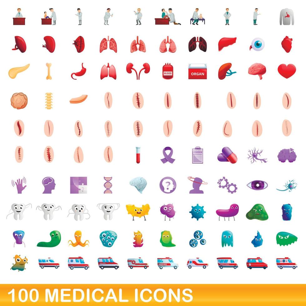 100 iconos médicos, estilo de dibujos animados vector