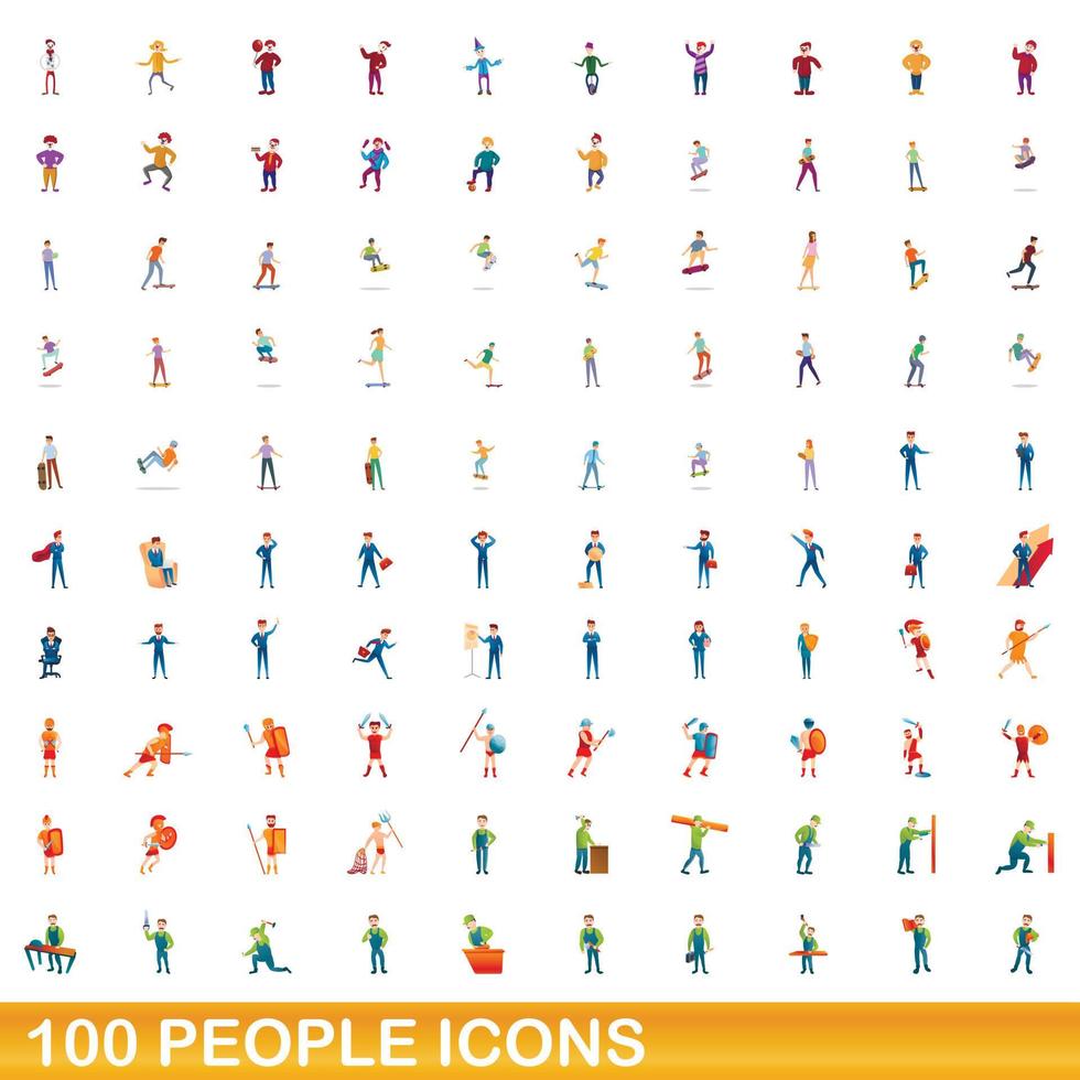 100 people icons set, cartoon style vector