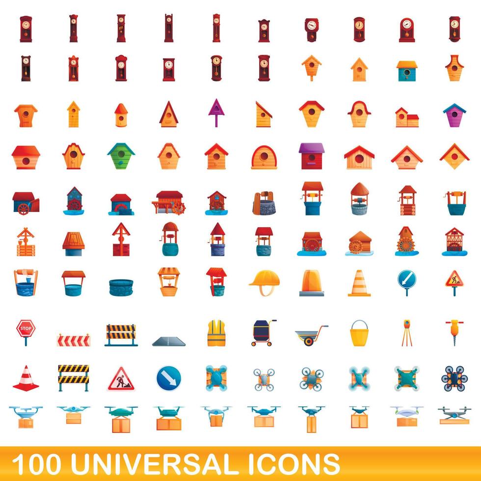 100 universal icons set, cartoon style vector