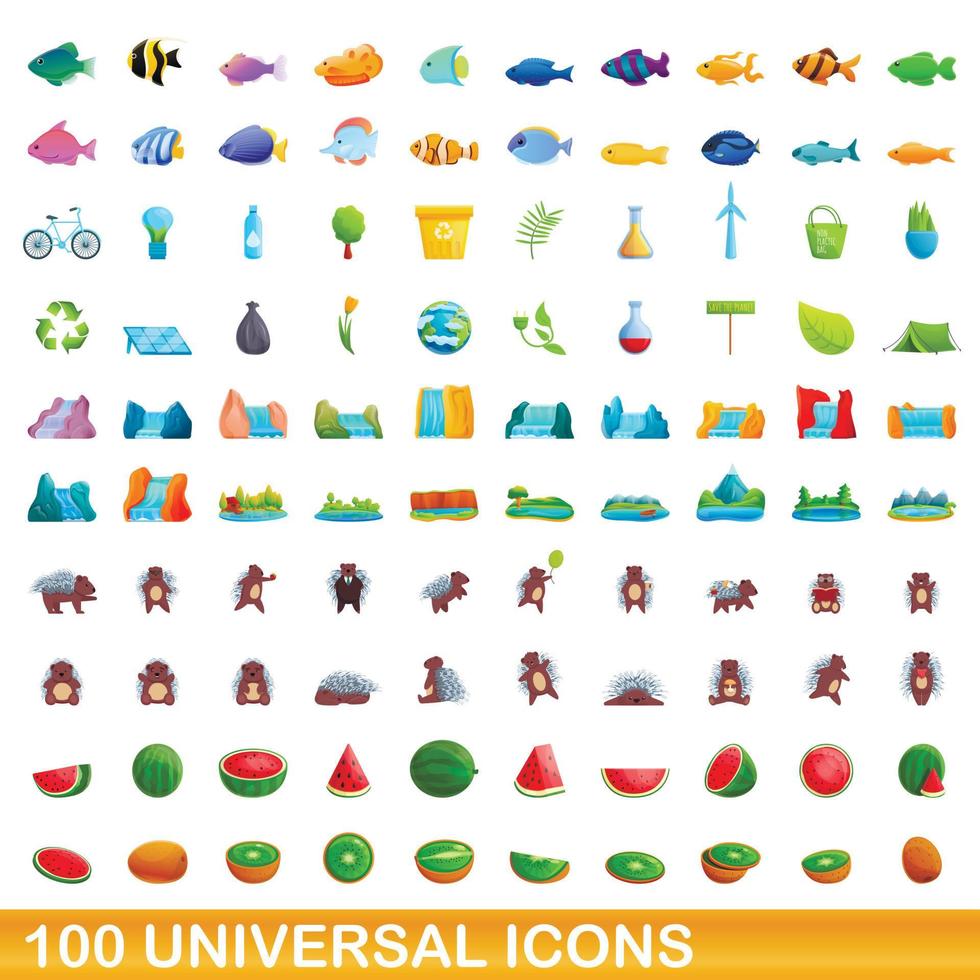 100 universal icons set, cartoon style vector