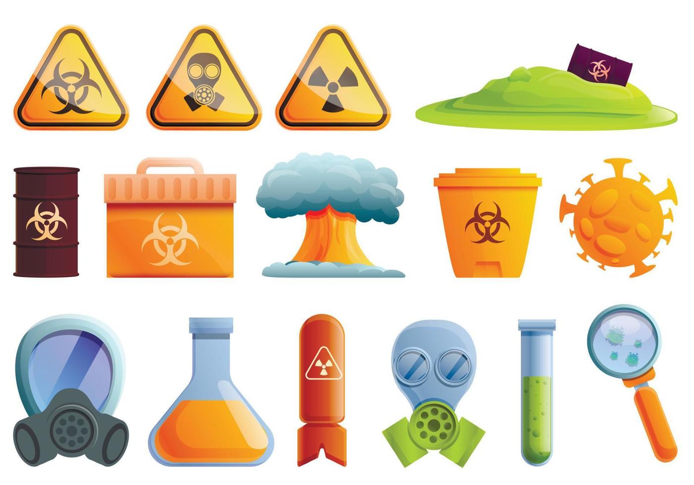 Biohazard icons set, cartoon style vector