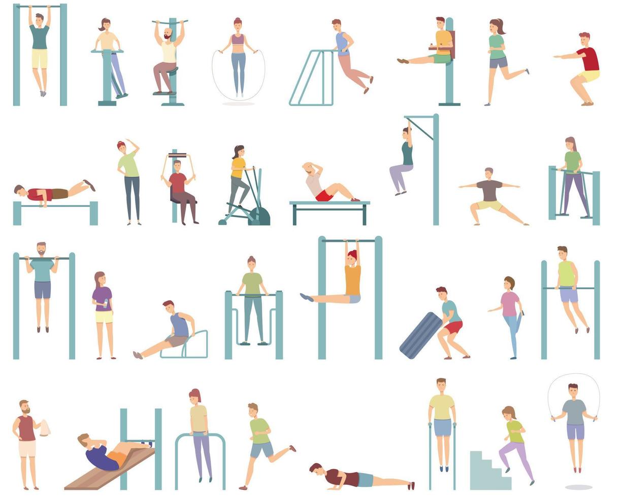 Sport workout on the street icons set cartoon vector. Active training vector