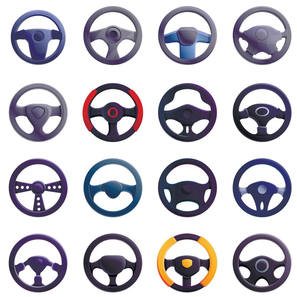 Steering wheel icons set, cartoon style vector