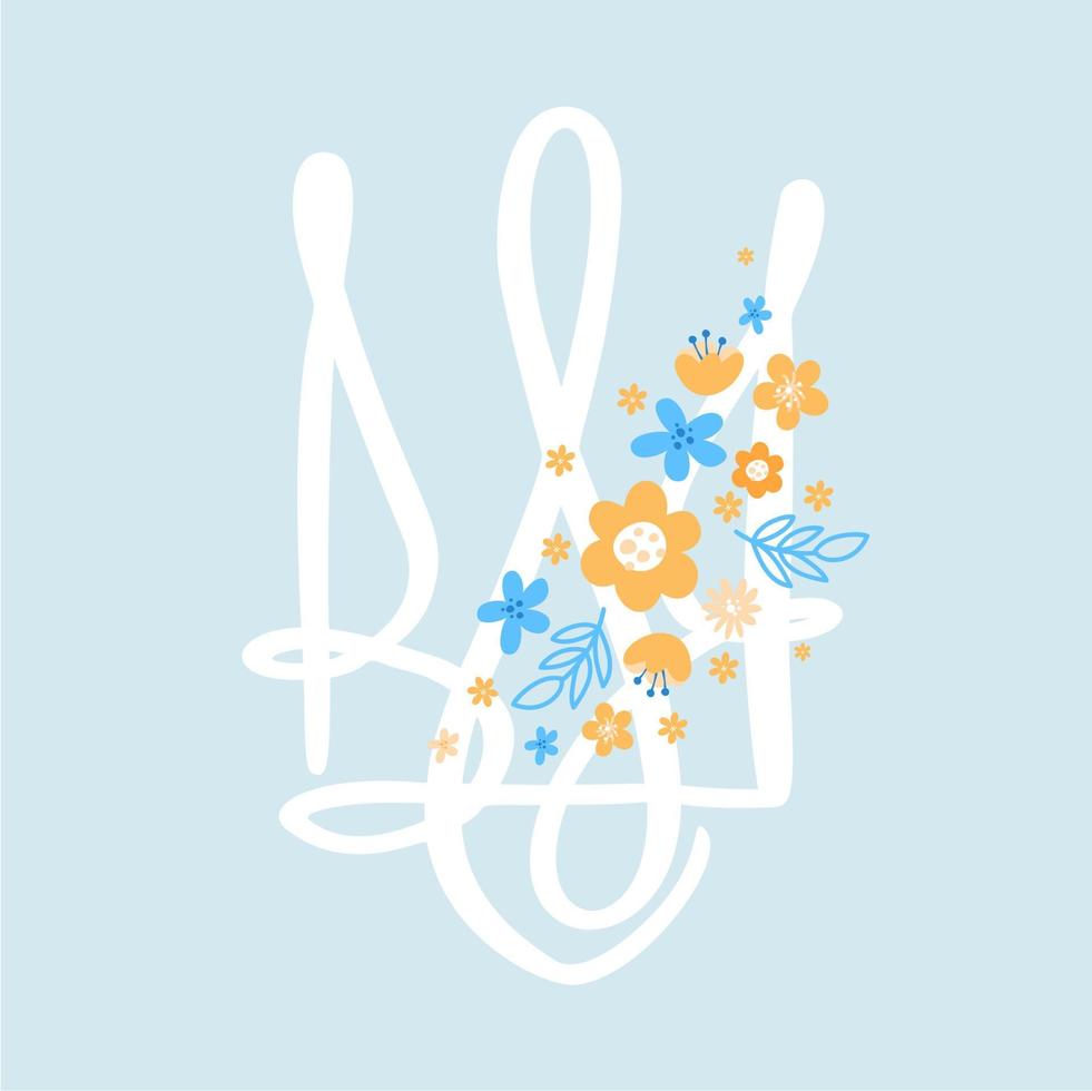 Vector ukrainian symbol Trident icon with flowers on blue background. Hand drawn calligraphy Coat of Arms of Ukraine State emblem color illustration image