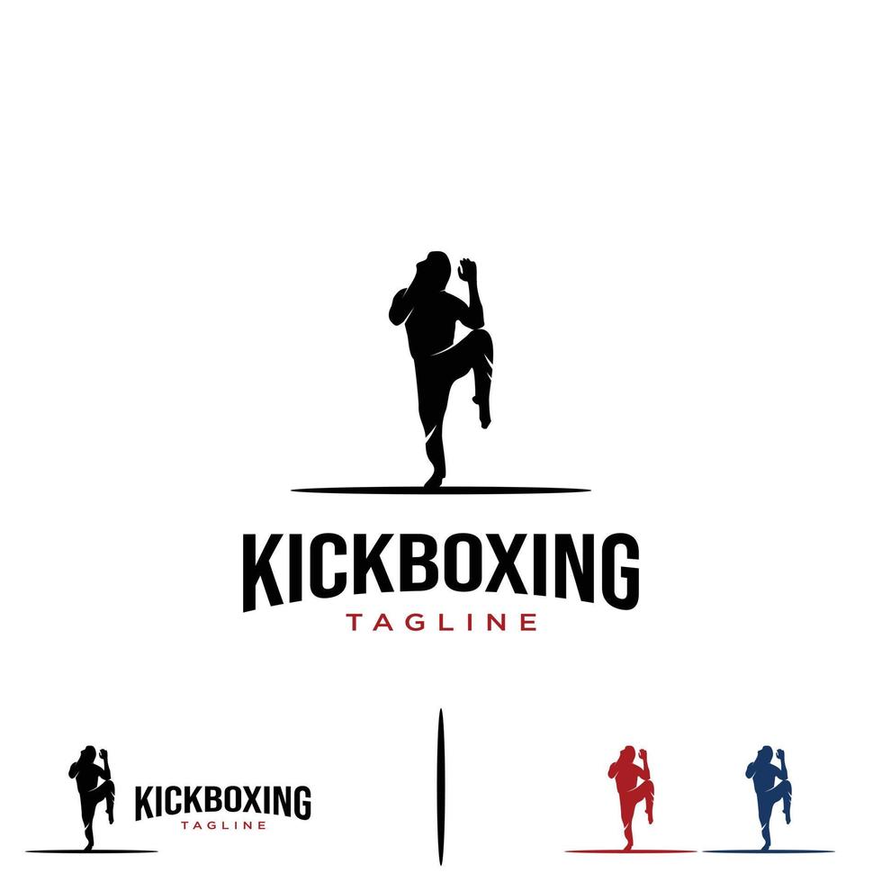 silueta masculina practicando el diseño del logotipo de kick boxing en un fondo aislado vector